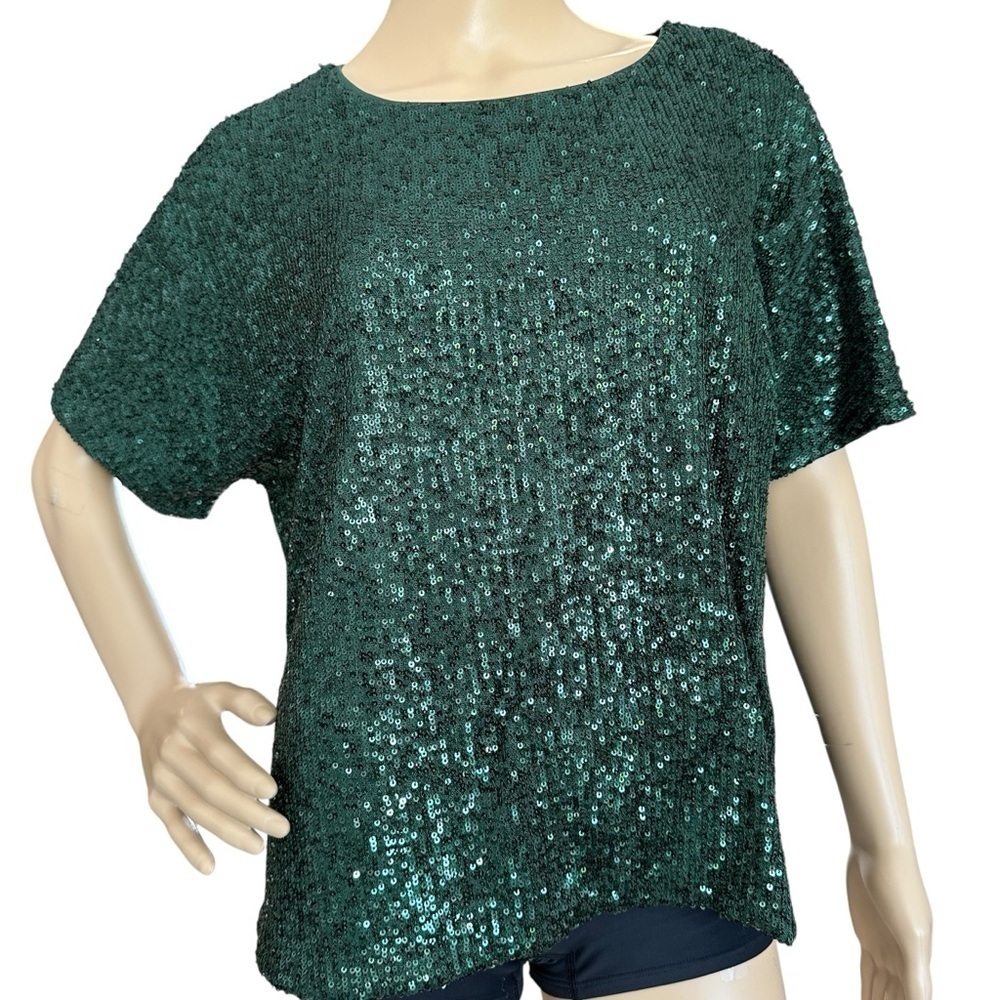 H&M Sequin Green Short Sleeve Top Medium